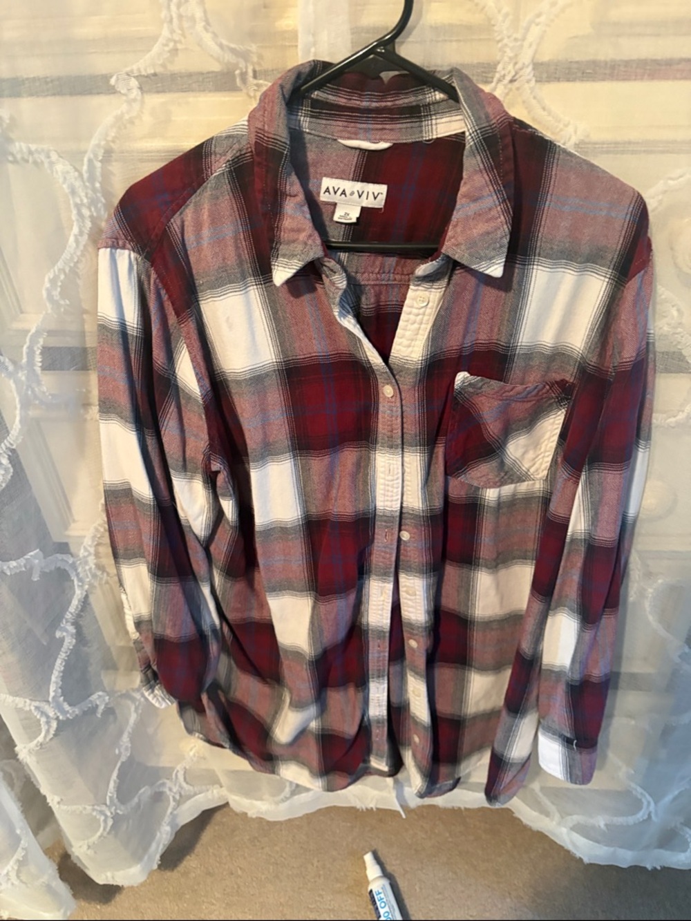 Ava & Viv Red White Plaid Button-Up Shirt Jacket